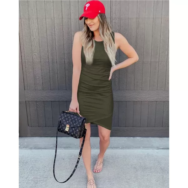 imageBTFBM Women 2023 Summer Sleeveless Tank Dresses Crew Neck Slim Fit Short Casual Ruched Bodycon Party Club Mini DressArmy Green
