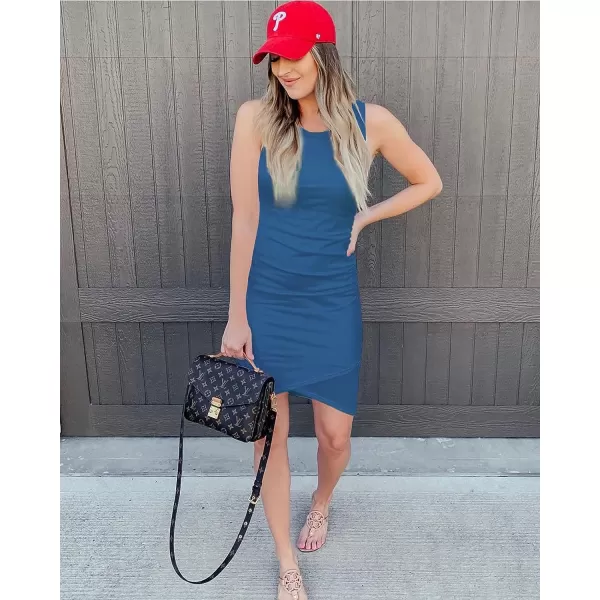 imageBTFBM Women 2023 Summer Sleeveless Tank Dresses Crew Neck Slim Fit Short Casual Ruched Bodycon Party Club Mini DressBlue