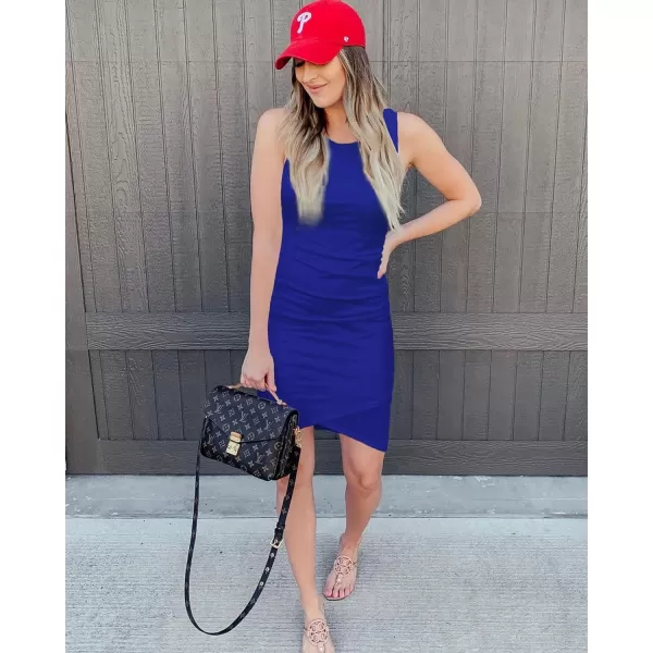 imageBTFBM Women 2023 Summer Sleeveless Tank Dresses Crew Neck Slim Fit Short Casual Ruched Bodycon Party Club Mini DressBright Blue