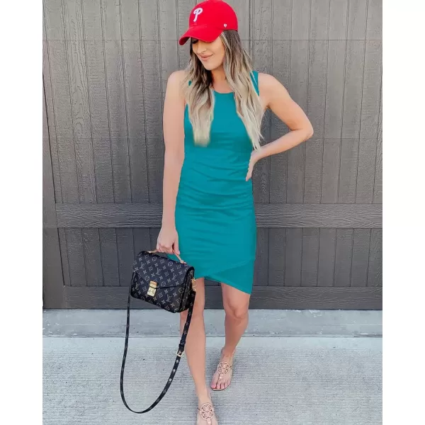 imageBTFBM Women 2023 Summer Sleeveless Tank Dresses Crew Neck Slim Fit Short Casual Ruched Bodycon Party Club Mini DressBright Green 2