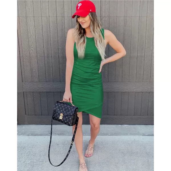 imageBTFBM Women 2023 Summer Sleeveless Tank Dresses Crew Neck Slim Fit Short Casual Ruched Bodycon Party Club Mini DressBright Green