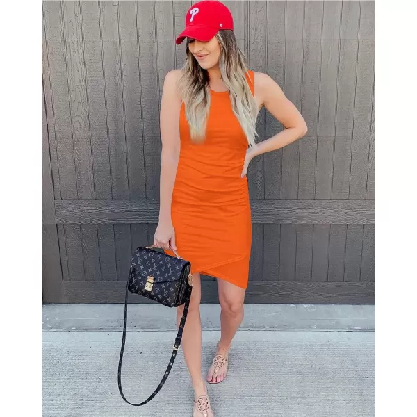 imageBTFBM Women 2023 Summer Sleeveless Tank Dresses Crew Neck Slim Fit Short Casual Ruched Bodycon Party Club Mini DressBright Orange