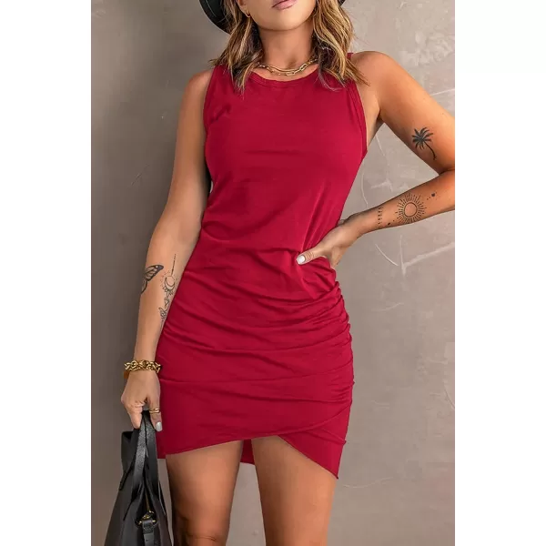 imageBTFBM Women 2023 Summer Sleeveless Tank Dresses Crew Neck Slim Fit Short Casual Ruched Bodycon Party Club Mini DressBright Red
