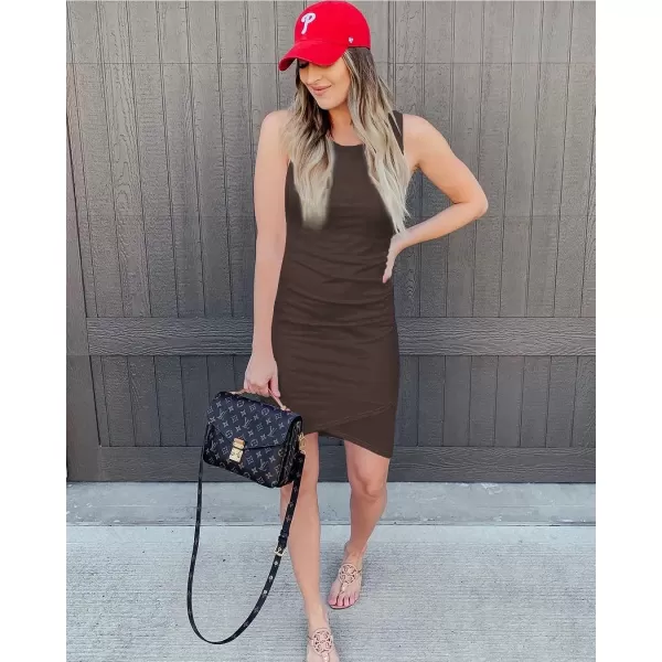 imageBTFBM Women 2023 Summer Sleeveless Tank Dresses Crew Neck Slim Fit Short Casual Ruched Bodycon Party Club Mini DressCoffee