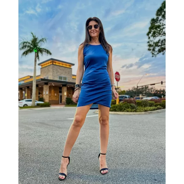 imageBTFBM Women 2023 Summer Sleeveless Tank Dresses Crew Neck Slim Fit Short Casual Ruched Bodycon Party Club Mini DressDark Blue