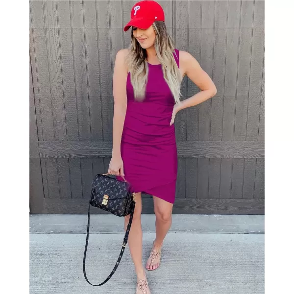 imageBTFBM Women 2023 Summer Sleeveless Tank Dresses Crew Neck Slim Fit Short Casual Ruched Bodycon Party Club Mini DressDark Purple