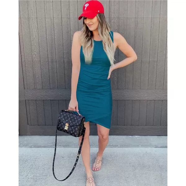 imageBTFBM Women 2023 Summer Sleeveless Tank Dresses Crew Neck Slim Fit Short Casual Ruched Bodycon Party Club Mini DressDeep Blue
