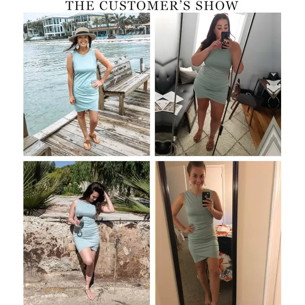 imageBTFBM Women 2023 Summer Sleeveless Tank Dresses Crew Neck Slim Fit Short Casual Ruched Bodycon Party Club Mini DressGreen