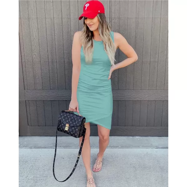 imageBTFBM Women 2023 Summer Sleeveless Tank Dresses Crew Neck Slim Fit Short Casual Ruched Bodycon Party Club Mini DressGreen