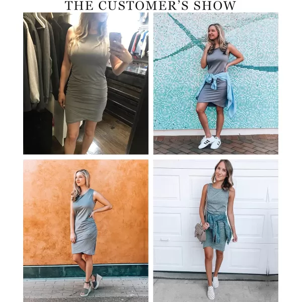 imageBTFBM Women 2023 Summer Sleeveless Tank Dresses Crew Neck Slim Fit Short Casual Ruched Bodycon Party Club Mini DressGrey