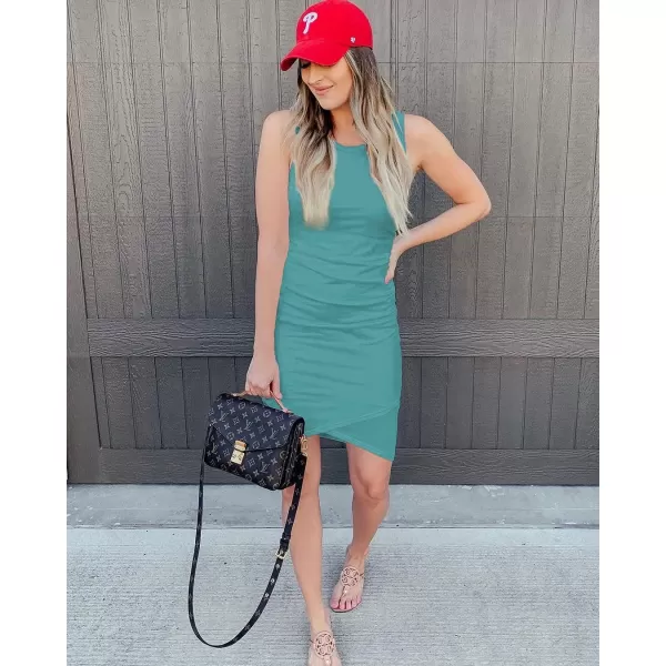 imageBTFBM Women 2023 Summer Sleeveless Tank Dresses Crew Neck Slim Fit Short Casual Ruched Bodycon Party Club Mini DressLake Blue