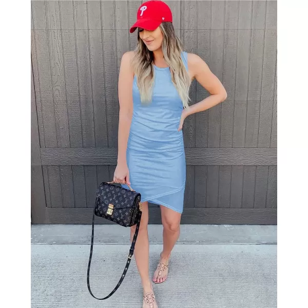 imageBTFBM Women 2023 Summer Sleeveless Tank Dresses Crew Neck Slim Fit Short Casual Ruched Bodycon Party Club Mini DressLight Blue