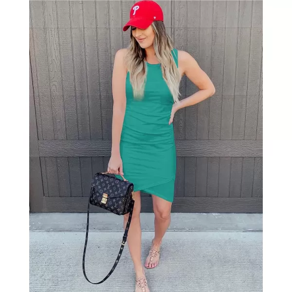 imageBTFBM Women 2023 Summer Sleeveless Tank Dresses Crew Neck Slim Fit Short Casual Ruched Bodycon Party Club Mini DressLight Green