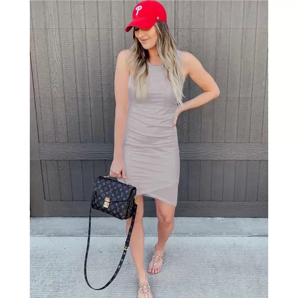 imageBTFBM Women 2023 Summer Sleeveless Tank Dresses Crew Neck Slim Fit Short Casual Ruched Bodycon Party Club Mini DressLight Grey