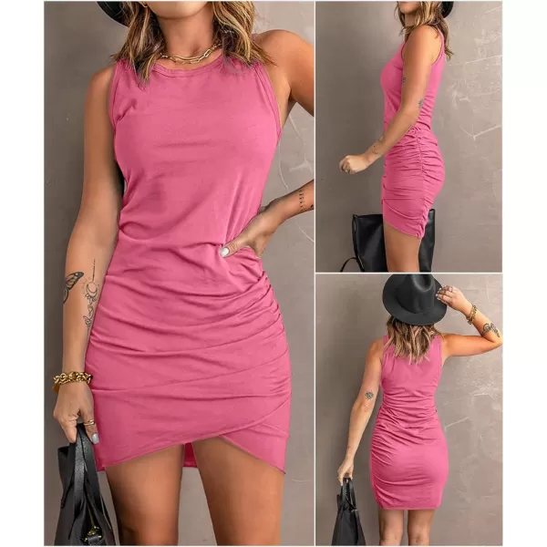 imageBTFBM Women 2023 Summer Sleeveless Tank Dresses Crew Neck Slim Fit Short Casual Ruched Bodycon Party Club Mini DressLight Pink