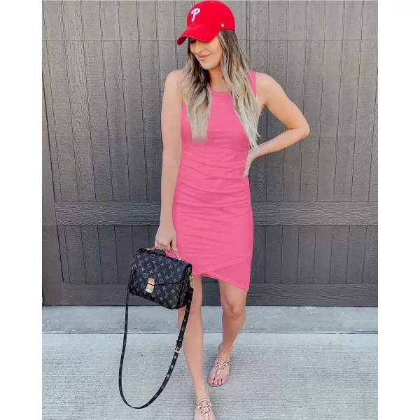 imageBTFBM Women 2023 Summer Sleeveless Tank Dresses Crew Neck Slim Fit Short Casual Ruched Bodycon Party Club Mini DressLight Pink