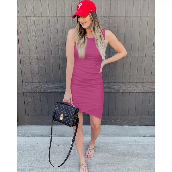 imageBTFBM Women 2023 Summer Sleeveless Tank Dresses Crew Neck Slim Fit Short Casual Ruched Bodycon Party Club Mini DressPurple Red