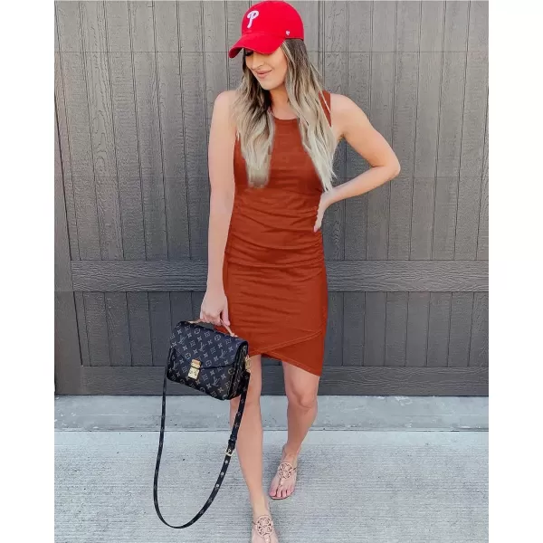 imageBTFBM Women 2023 Summer Sleeveless Tank Dresses Crew Neck Slim Fit Short Casual Ruched Bodycon Party Club Mini DressRed Khaki