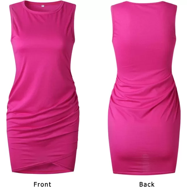 imageBTFBM Women 2023 Summer Sleeveless Tank Dresses Crew Neck Slim Fit Short Casual Ruched Bodycon Party Club Mini DressRose Red