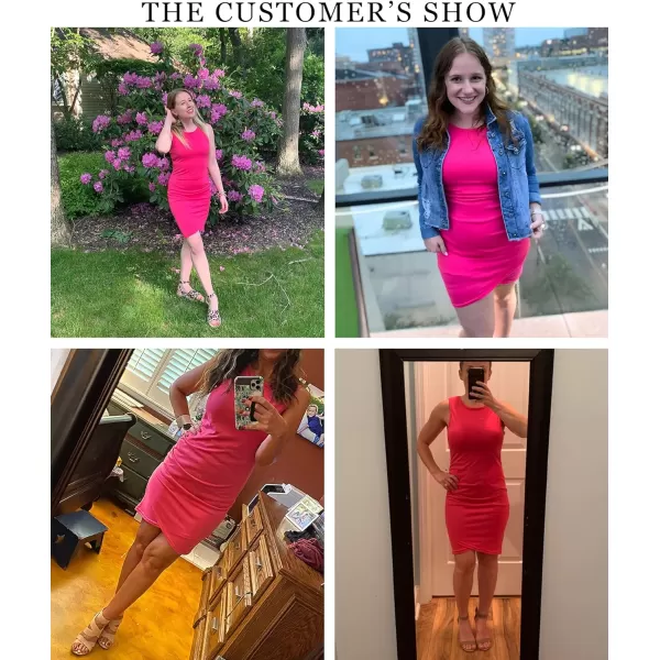 imageBTFBM Women 2023 Summer Sleeveless Tank Dresses Crew Neck Slim Fit Short Casual Ruched Bodycon Party Club Mini DressRose Red