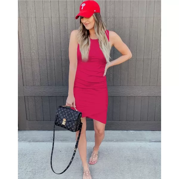 imageBTFBM Women 2023 Summer Sleeveless Tank Dresses Crew Neck Slim Fit Short Casual Ruched Bodycon Party Club Mini DressRose Red