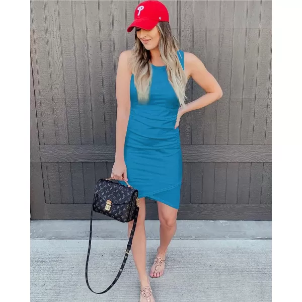imageBTFBM Women 2023 Summer Sleeveless Tank Dresses Crew Neck Slim Fit Short Casual Ruched Bodycon Party Club Mini DressSky Blue