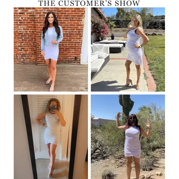 imageBTFBM Women 2023 Summer Sleeveless Tank Dresses Crew Neck Slim Fit Short Casual Ruched Bodycon Party Club Mini DressWhite