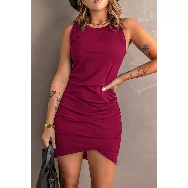imageBTFBM Women 2023 Summer Sleeveless Tank Dresses Crew Neck Slim Fit Short Casual Ruched Bodycon Party Club Mini DressWine Red