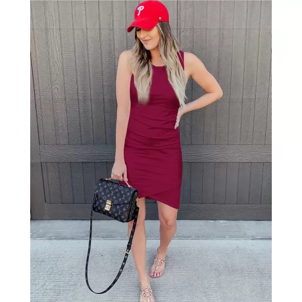 imageBTFBM Women 2023 Summer Sleeveless Tank Dresses Crew Neck Slim Fit Short Casual Ruched Bodycon Party Club Mini DressWine Red
