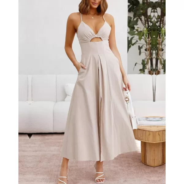 imageBTFBM Women 2023 Summer Spaghetti Strap Dress Sleeveless V Neck Cutout Slit Casual Beach Party Maxi Dresses with PocketsSolid Apricot