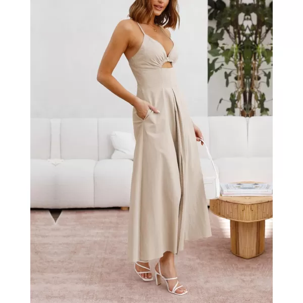 imageBTFBM Women 2023 Summer Spaghetti Strap Dress Sleeveless V Neck Cutout Slit Casual Beach Party Maxi Dresses with PocketsSolid Apricot