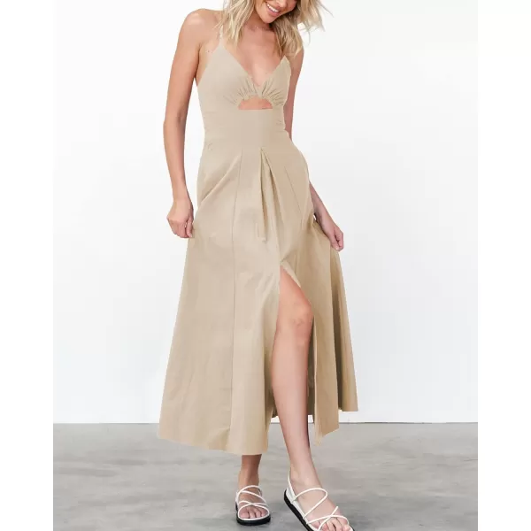 imageBTFBM Women 2023 Summer Spaghetti Strap Dress Sleeveless V Neck Cutout Slit Casual Beach Party Maxi Dresses with PocketsSolid Apricot