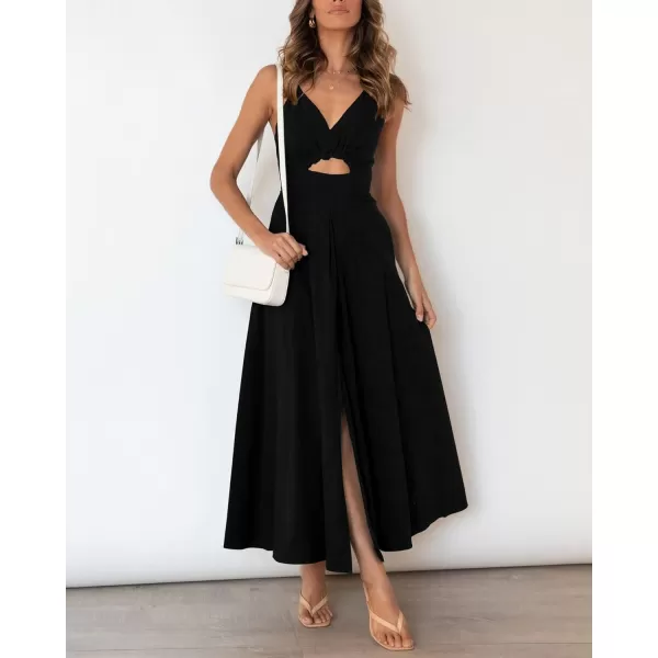 imageBTFBM Women 2023 Summer Spaghetti Strap Dress Sleeveless V Neck Cutout Slit Casual Beach Party Maxi Dresses with PocketsSolid Black