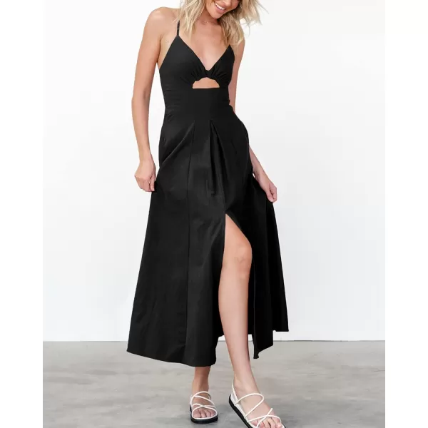 imageBTFBM Women 2023 Summer Spaghetti Strap Dress Sleeveless V Neck Cutout Slit Casual Beach Party Maxi Dresses with PocketsSolid Black