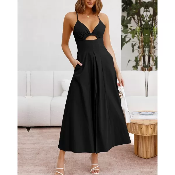 imageBTFBM Women 2023 Summer Spaghetti Strap Dress Sleeveless V Neck Cutout Slit Casual Beach Party Maxi Dresses with PocketsSolid Black