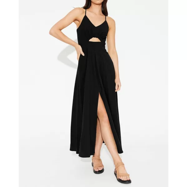 imageBTFBM Women 2023 Summer Spaghetti Strap Dress Sleeveless V Neck Cutout Slit Casual Beach Party Maxi Dresses with PocketsSolid Black