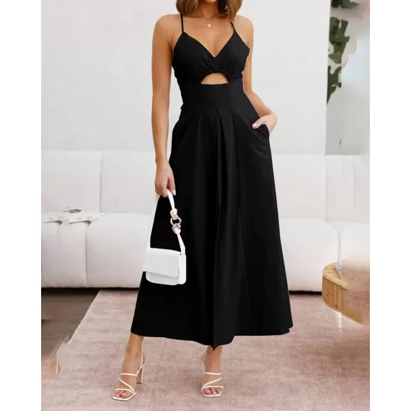 imageBTFBM Women 2023 Summer Spaghetti Strap Dress Sleeveless V Neck Cutout Slit Casual Beach Party Maxi Dresses with PocketsSolid Black
