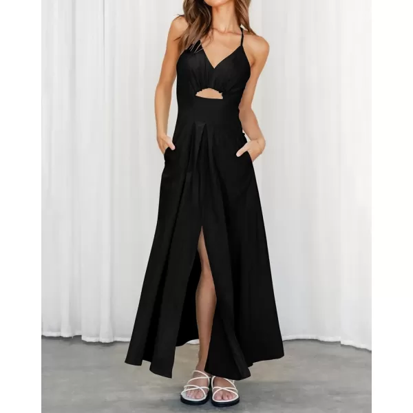 imageBTFBM Women 2023 Summer Spaghetti Strap Dress Sleeveless V Neck Cutout Slit Casual Beach Party Maxi Dresses with PocketsSolid Black