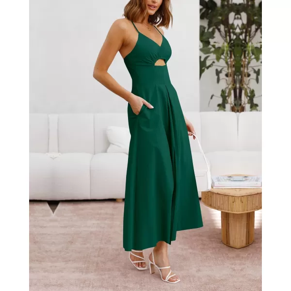 imageBTFBM Women 2023 Summer Spaghetti Strap Dress Sleeveless V Neck Cutout Slit Casual Beach Party Maxi Dresses with PocketsSolid Dark Green