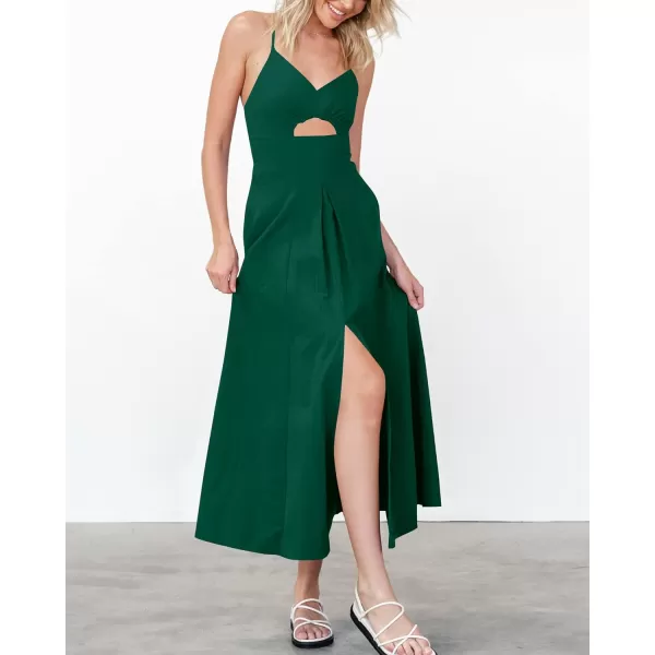 imageBTFBM Women 2023 Summer Spaghetti Strap Dress Sleeveless V Neck Cutout Slit Casual Beach Party Maxi Dresses with PocketsSolid Dark Green