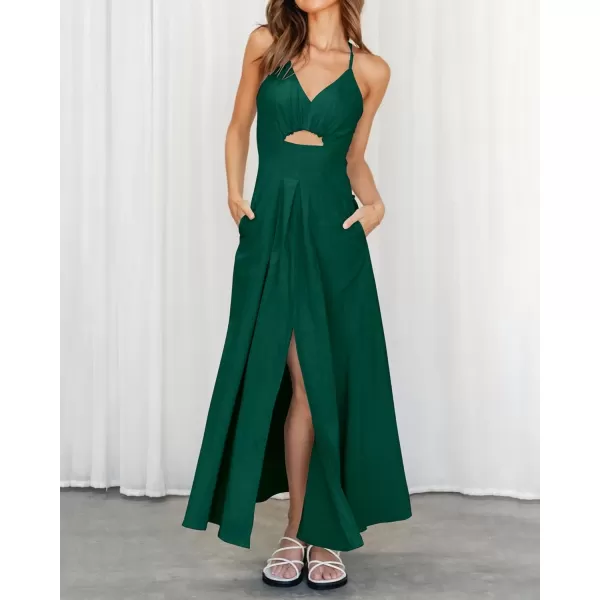 imageBTFBM Women 2023 Summer Spaghetti Strap Dress Sleeveless V Neck Cutout Slit Casual Beach Party Maxi Dresses with PocketsSolid Dark Green