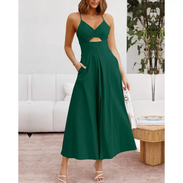imageBTFBM Women 2023 Summer Spaghetti Strap Dress Sleeveless V Neck Cutout Slit Casual Beach Party Maxi Dresses with PocketsSolid Dark Green