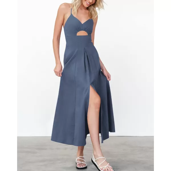 imageBTFBM Women 2023 Summer Spaghetti Strap Dress Sleeveless V Neck Cutout Slit Casual Beach Party Maxi Dresses with PocketsSolid Dark Grey Blue