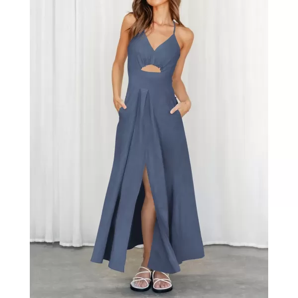 imageBTFBM Women 2023 Summer Spaghetti Strap Dress Sleeveless V Neck Cutout Slit Casual Beach Party Maxi Dresses with PocketsSolid Dark Grey Blue