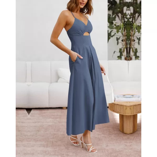 imageBTFBM Women 2023 Summer Spaghetti Strap Dress Sleeveless V Neck Cutout Slit Casual Beach Party Maxi Dresses with PocketsSolid Dark Grey Blue
