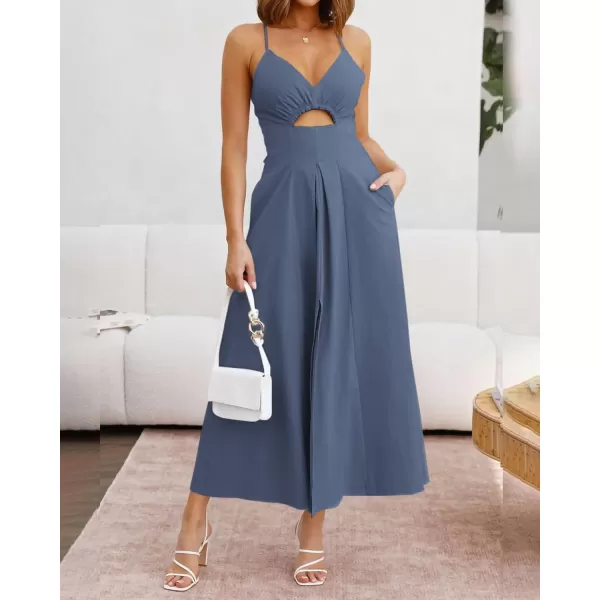 imageBTFBM Women 2023 Summer Spaghetti Strap Dress Sleeveless V Neck Cutout Slit Casual Beach Party Maxi Dresses with PocketsSolid Dark Grey Blue
