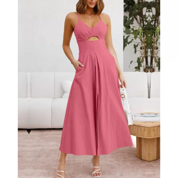 imageBTFBM Women 2023 Summer Spaghetti Strap Dress Sleeveless V Neck Cutout Slit Casual Beach Party Maxi Dresses with PocketsSolid Dark Pink