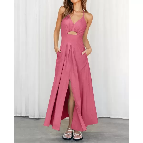 imageBTFBM Women 2023 Summer Spaghetti Strap Dress Sleeveless V Neck Cutout Slit Casual Beach Party Maxi Dresses with PocketsSolid Dark Pink