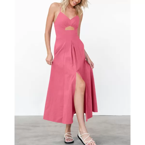 imageBTFBM Women 2023 Summer Spaghetti Strap Dress Sleeveless V Neck Cutout Slit Casual Beach Party Maxi Dresses with PocketsSolid Dark Pink