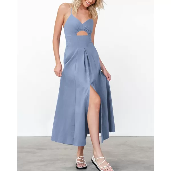 imageBTFBM Women 2023 Summer Spaghetti Strap Dress Sleeveless V Neck Cutout Slit Casual Beach Party Maxi Dresses with PocketsSolid Grey Blue